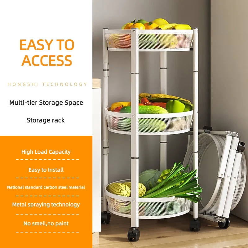 

Upscale Kitchen Folding Storage Basket Portable Metal Rolling Storage Trolley Living Room Multifunction Storage Rack with Wheels