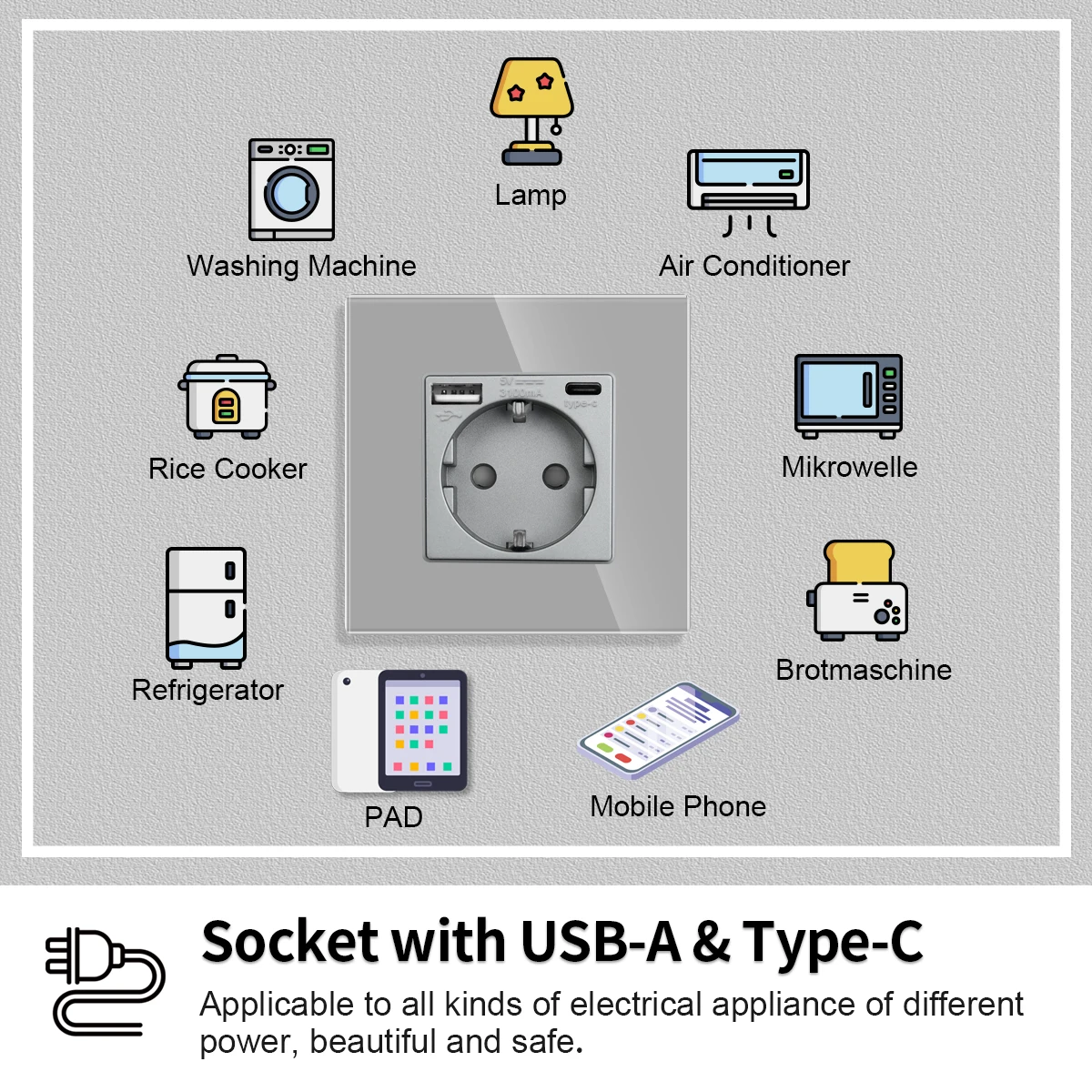 Bingoelec EU Standard Wall Light Switch gray Crystal Glass Panel Switch Panel With Wall Socket With tomada usb type-c