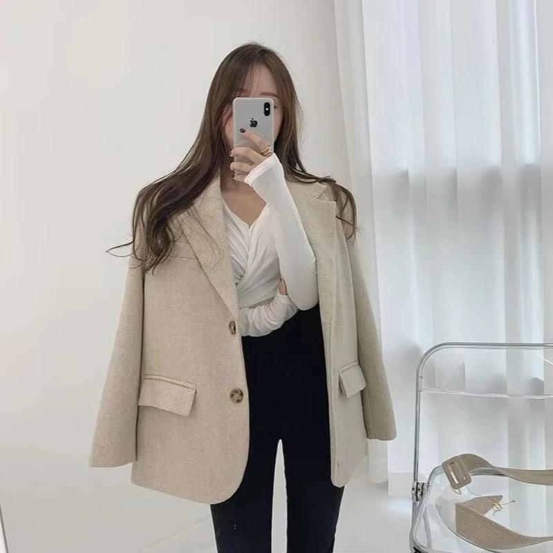 Insozkdg Korean Vintage High-end Lapel Women Jacket Autumn Winter Lace-up Waist Slimming Herringbone Woolen Coat Women Clothing