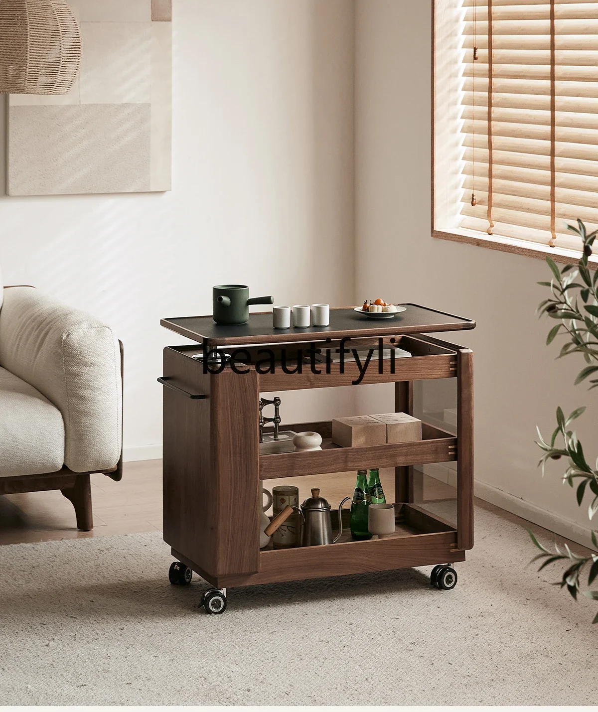 

Solid wood coffee table multi-functional movable tea cart Nordic household trolley sofa can lift side cabinet6239