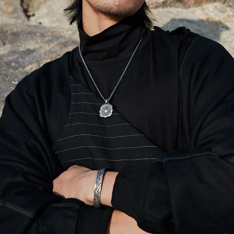 Copper Electroplated Gold Vintage Great Voyage Star Anchor Necklace Men's Trendy Retro Fashion Compass Pendant Pure Silver Jewel