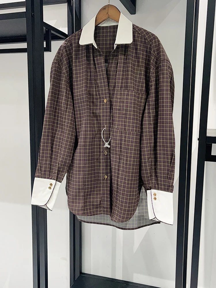 

Повседневный свободный воротник контрастного цвета Sve irt, женский осенне-зимний ор спереди, длинный хлопковый клетчатый утюг с заниженными плечами