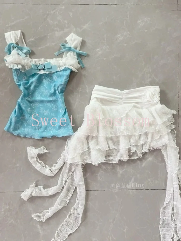 Summer Hot Girl Sweet Y2k 2 Piece Set Women Lace Patchwork Tops + Irregular Skirts New Harajuku Sexy Fashion Slim Outfit 2025