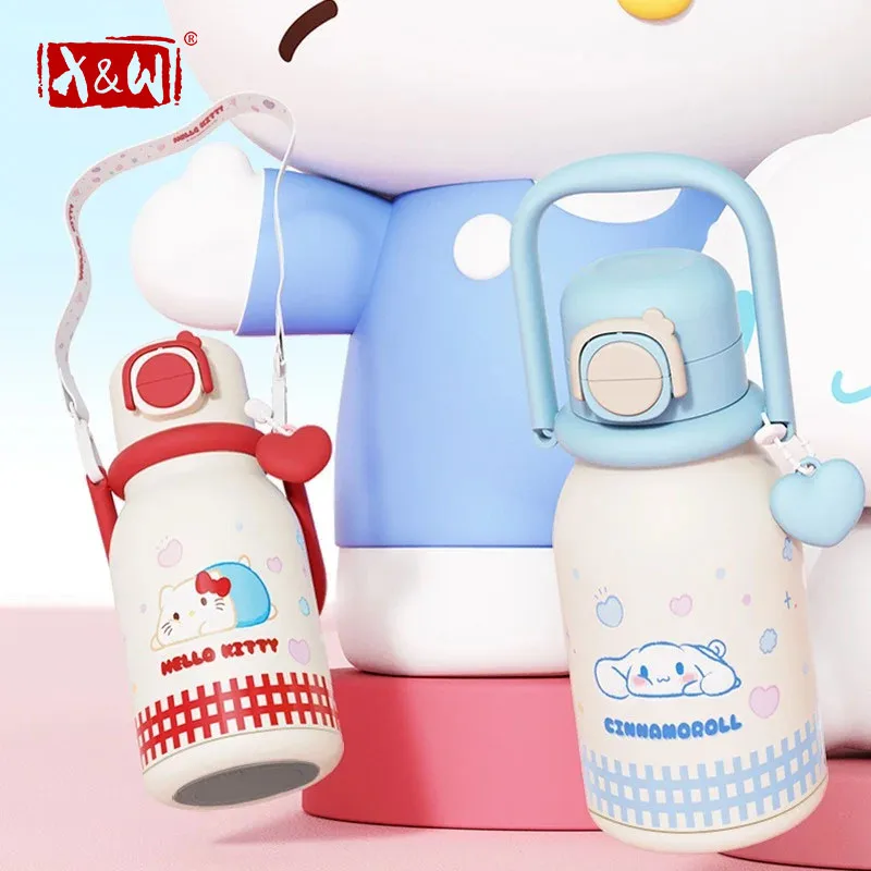 X&W640ML Edelstahl Kawaii Sanrio Hello Kitty Isolierte Wasserflasche Strohhalm-Becher Vakuum-Becher Tragbarer Outdoor-Eisbehälter