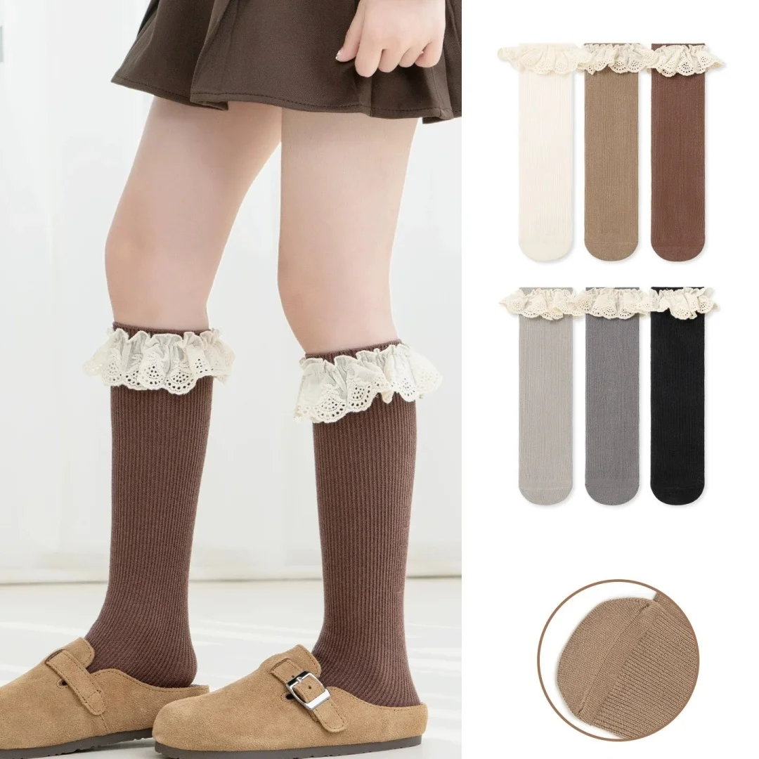 

3 Pairs Ruffle Baby Girls Knee High Socks Long Kids Soft Cotton Lace Stuff Princess Children Leg Warmers Cute Girl Socks 3-9Y