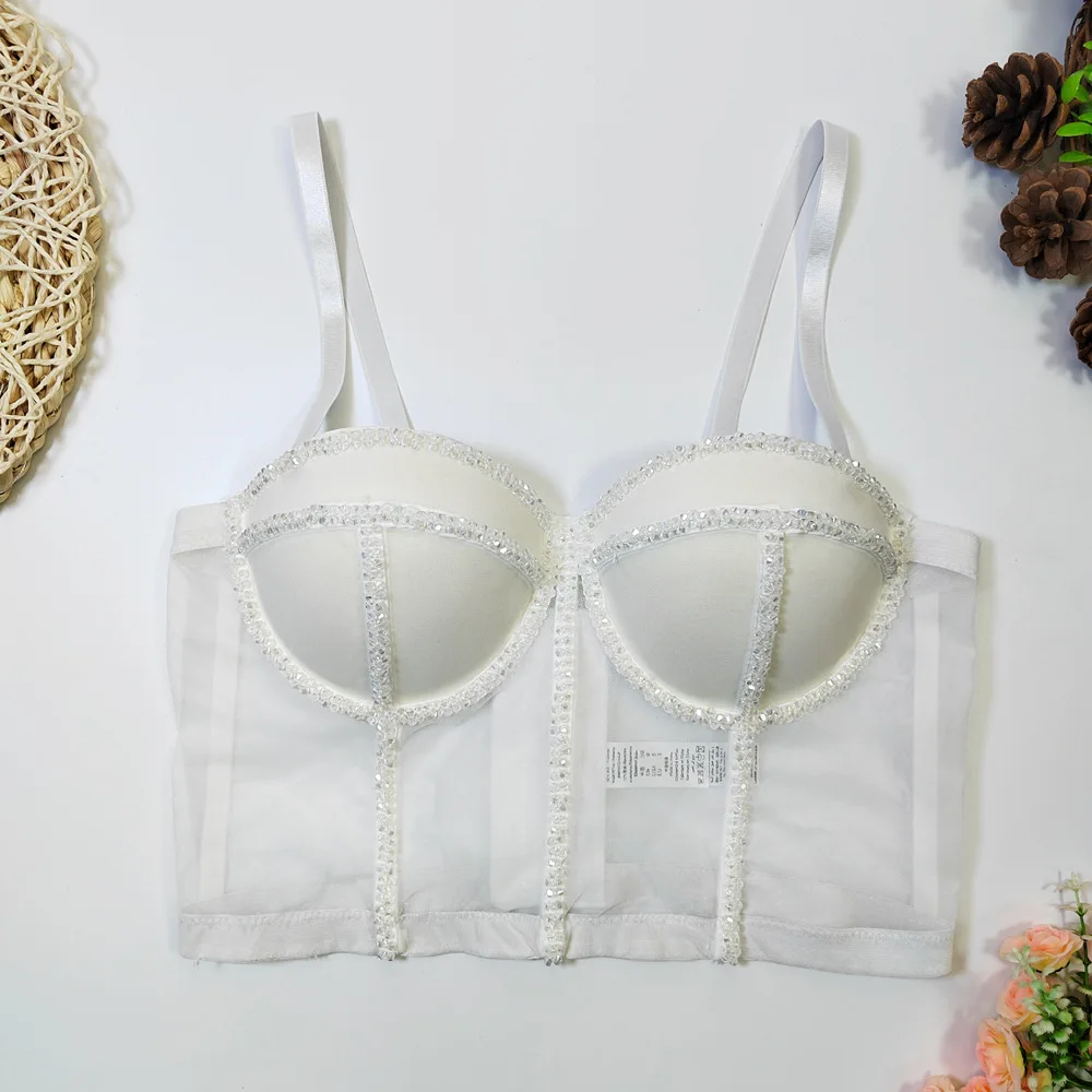 

customized women's adult sexy nail bead bra shapewear fishbone suspender see through crystal bra sexy lingerie fishnet bodysuit