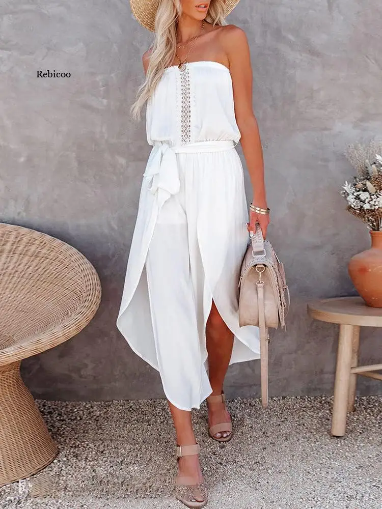 

Summer Solid Off Shoulder Lace Up Loose Playsuits Women Elastic Waist Slim Party Jumpsuit Elegant Tube Top Wide Leg Pants Romper