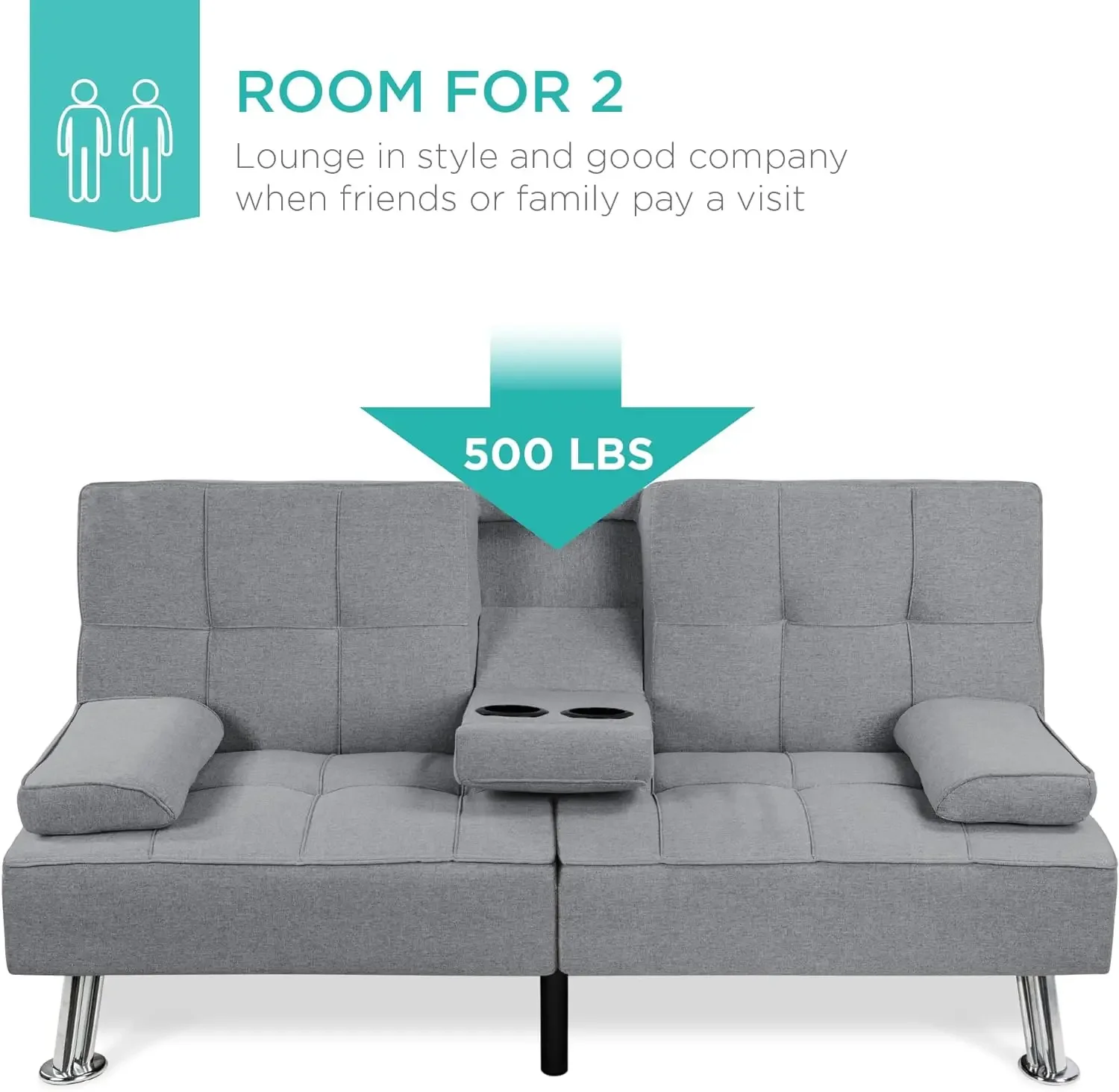 Linen Modern Folding Futon, Reclining Sofa Bed for Apartment, Dorm w/Removable Armrests, 2 Cupholders - Gray