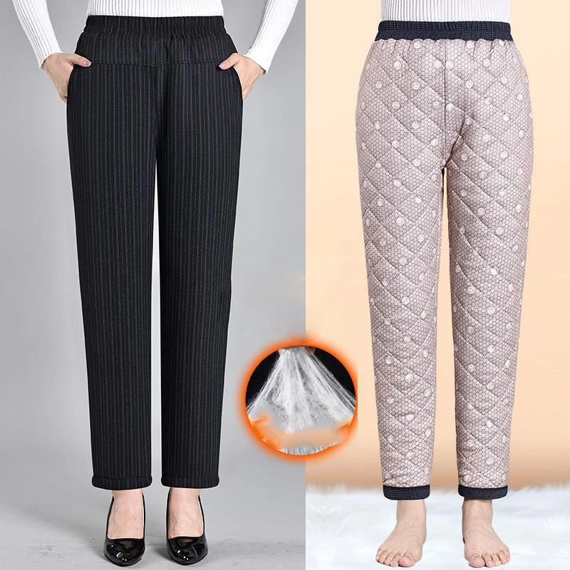 Calça casual de cintura alta elástica feminina, calça grossada quente, reta, de meia idade e idoso, mãe, inverno, 2023