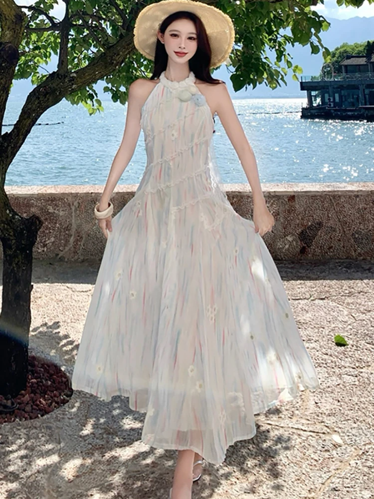 

2026 New Boho Print Emboridery Ruffled Neck-mounted Dress Summer Elegant Chic Holiday Dress Women Korean Luxury Festival Dresses