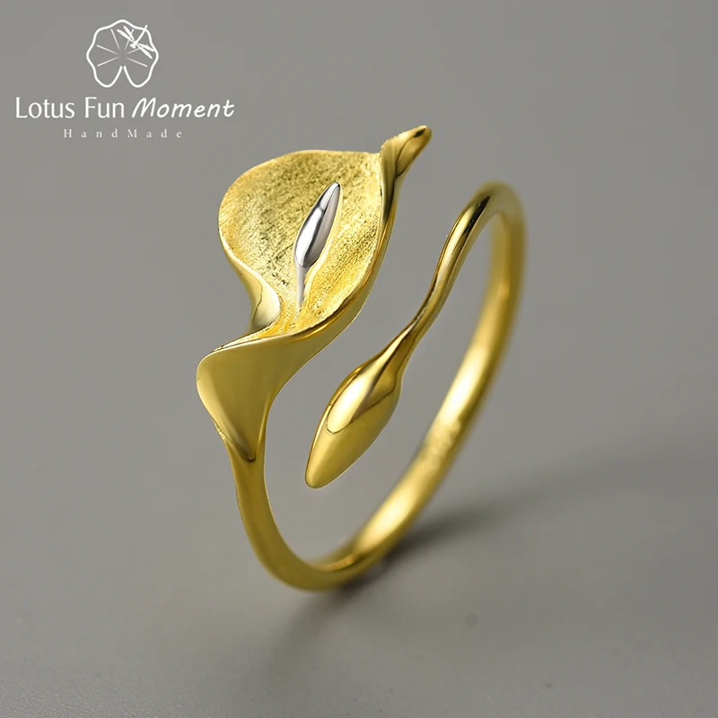 Lotus Fun Moment Real 925 Sterling Silver New Calla Lily Flower Adjustable Rings for Women Party Dating High Quality Jewelry