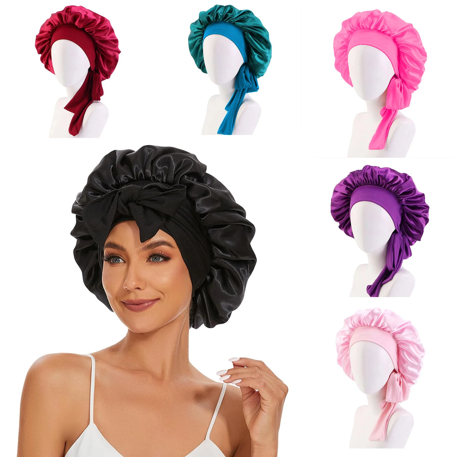 

Женская шапочка для сна с завязками, шелковая шапочка из сатина с длинными завязками для кудрявых и прямых волос