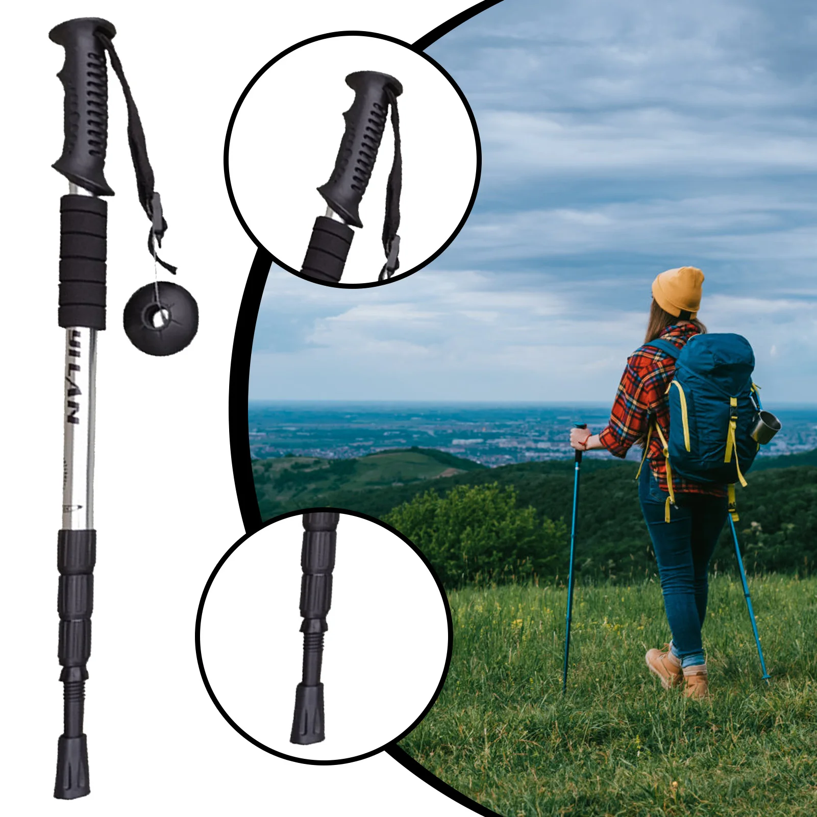 Heavy Duty Walking Stick Straight Handle Adjustable Hiking Pole Walking Aid Stick Suitable for Particularly Steep Climb