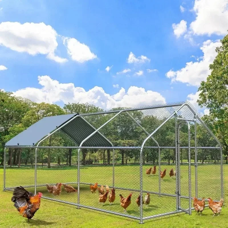 20ft Large Outdoor Chicken Coop, Heavy Duty Metal Frame, Spire Shape, Silver