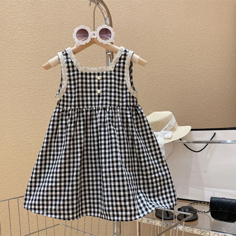 Summer Girls' Dress Lace Wrapped Sweet Black And White Check Princess Sundress Children's Ruffled Check Casual Knee-Length Dress