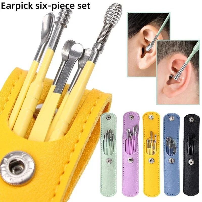 6Pcs Stainless Steel Ear Cleaner Wax Pickers Earpick Earwax Remover Curette 360° Spiral Cleaning Kit Ear Spoon Clean Care Tools
