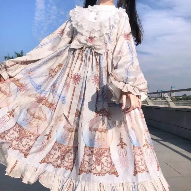 Oversize Lolita sukienka z nadrukiem dla kobiet Harajuku Kawaii wysoki stan sukienki z kokardą Y2k Grunge długi rękaw Op Vestidos Mujer