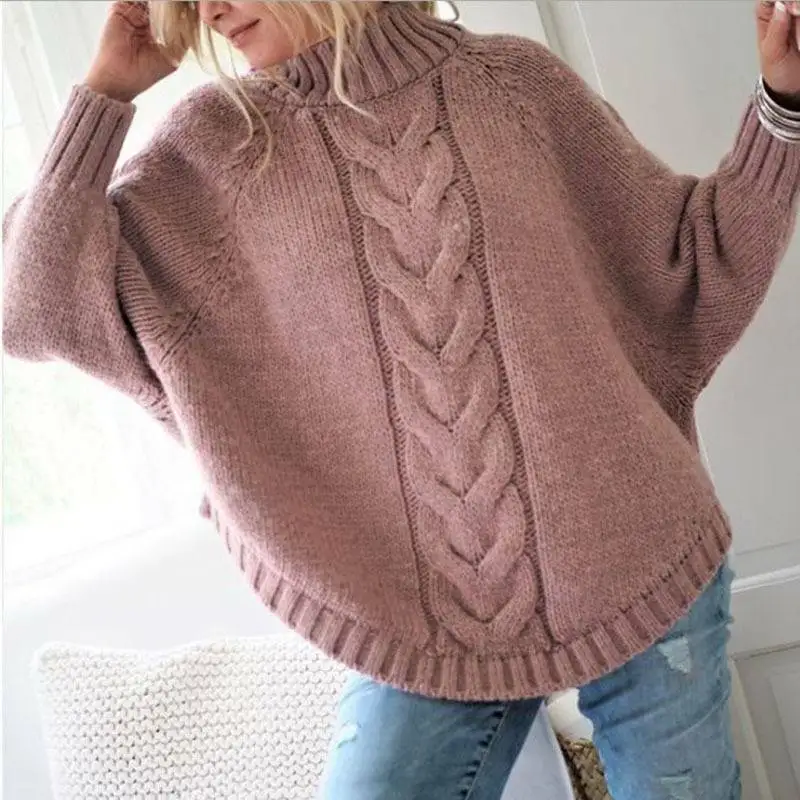 Vintage Cape Coat Autumn Winter Warm Batwing Sleeve Cape Coat Women Turtleneck Knit Sweater Poncho Coat