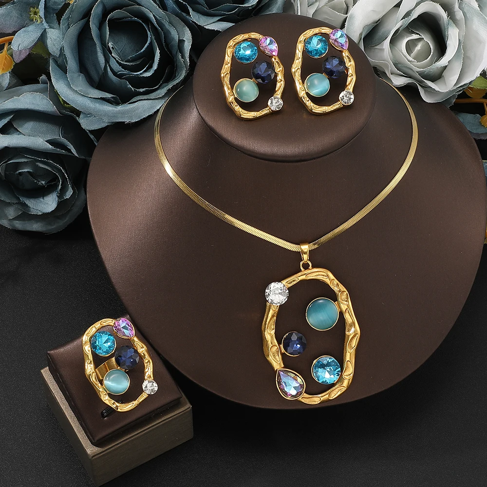 Hot sale colored gemstones Bride Jewelry Sets for Women Luxury  Necklace+ Earrings +ring stainless steel golden jewelry