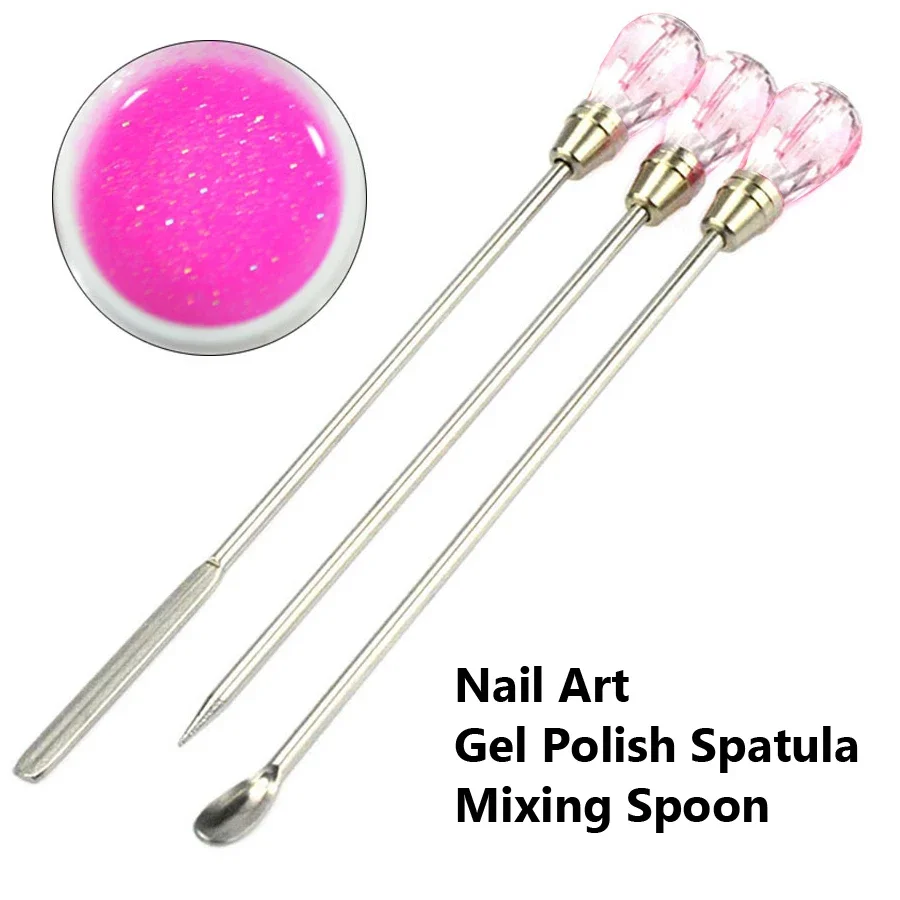 สแตนเลสสตีลเล็บไม้พายเจลผสม Rod ช้อนแต่งเล็บสําหรับอะคริลิค UV Polish Glitter Powder-อ่างล้างจานเครื่องมือ