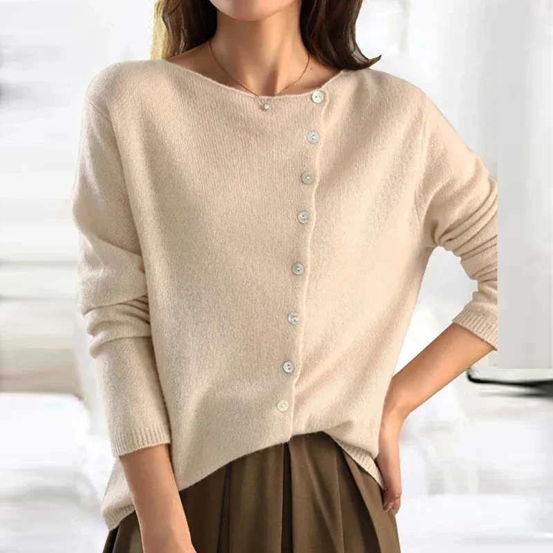 2023 Autumn Knitted Sweaters Vintage Single-breasted Cashmere Cardigan Women Loose Round Neck Thin Outer Wear Sweet Small Coat