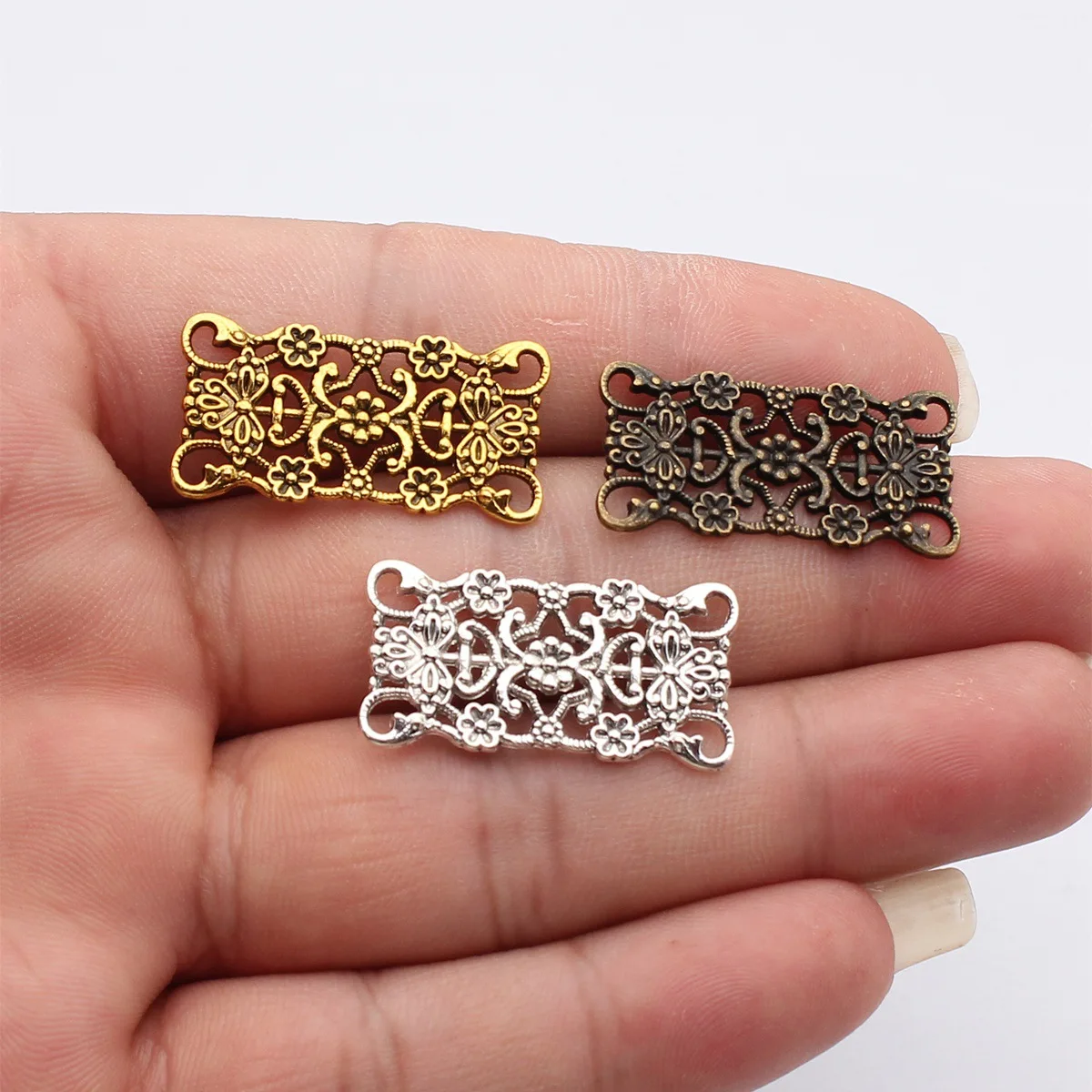 WYSIWYG 10pcs 31x15mm 3 Colors Antique Bronze Color Antique Silver Color Antique Gold Color Hollowed-Out Carved Flower Connector