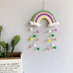 Hand-woven Five Strands Rainbow Clouds Hanging Decoration Colorful Pom Pom Felt Ball Tassel Wall/Window Hanging Decoration Craft