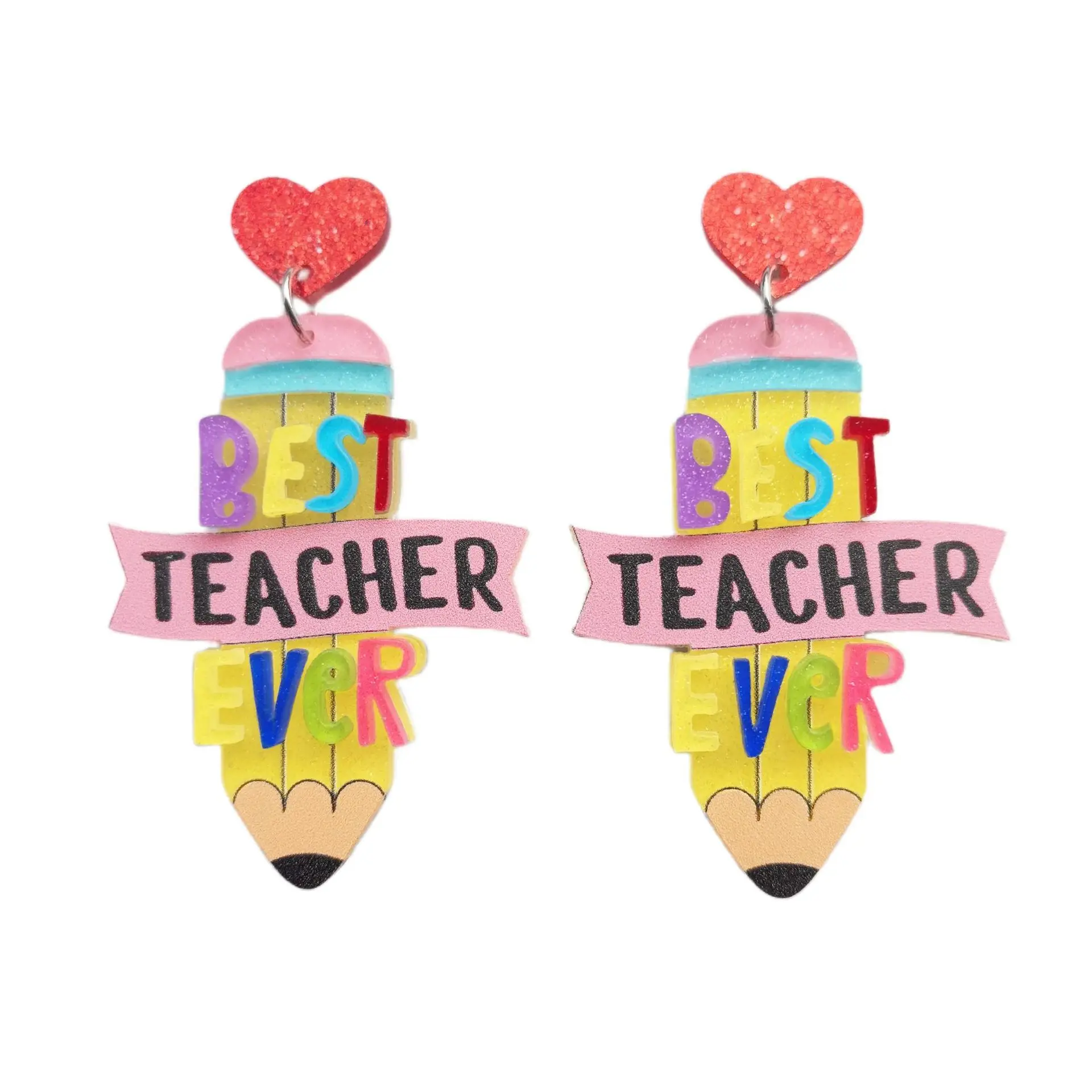 

10 Pair/Lot Multicolor Teacher Best Ever Words Acrylic Pencil Earrings Women Spring Summer Jewelry Wholesale