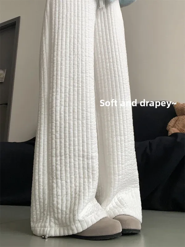 

High Waist Drawstring Trousers Women's Winter Sports Pants Fleece Lined Vertical Stripe Cotton Pants Comfortable All Match