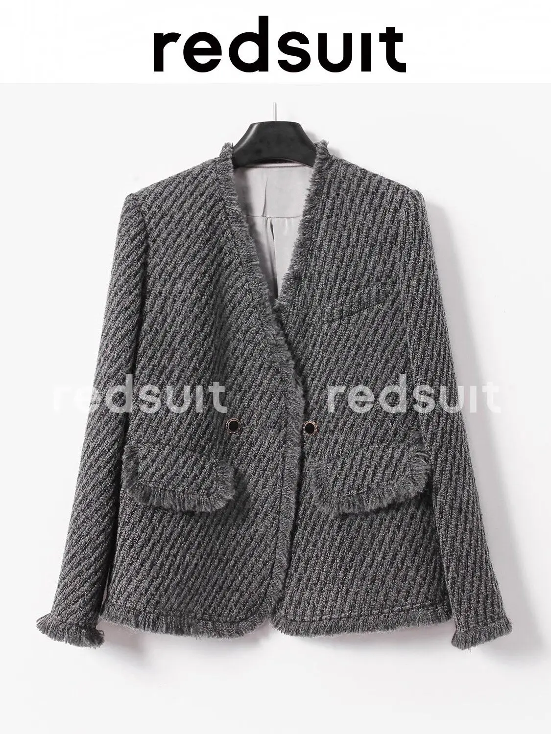 New V-neck jacket three-dimensional pocket handmade tassel coarse woolen woven top Custom size