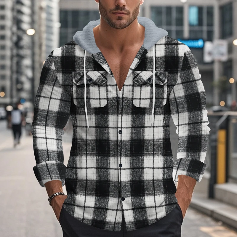 2024 New American Size New Men's Long-sleeved Shirt Fashion Spring Casual Hooded High Quality No-iron Plaid Coat Ground Flannel