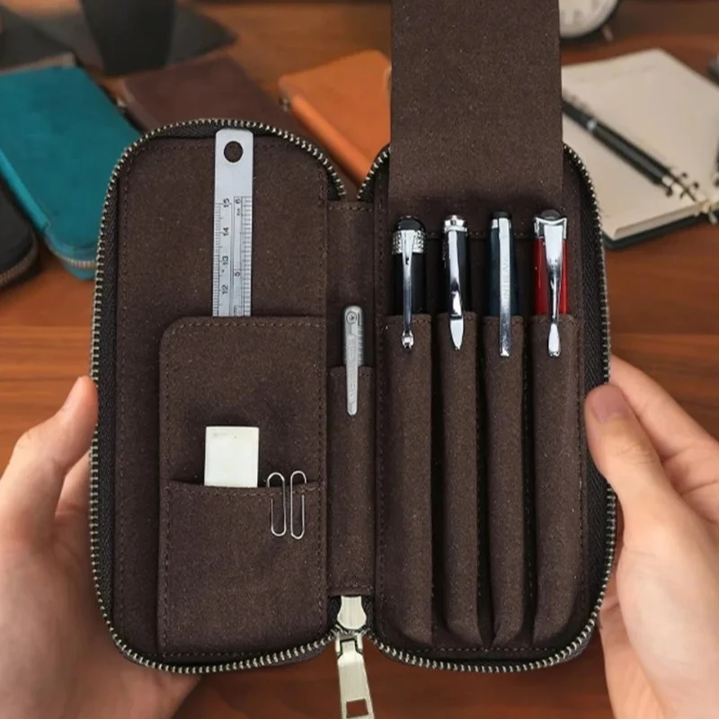 Vintage Style Handmade Genuine Leather Pen Case 4 Slots Crazy Horse Leather Fountain Pen Bag Organizer