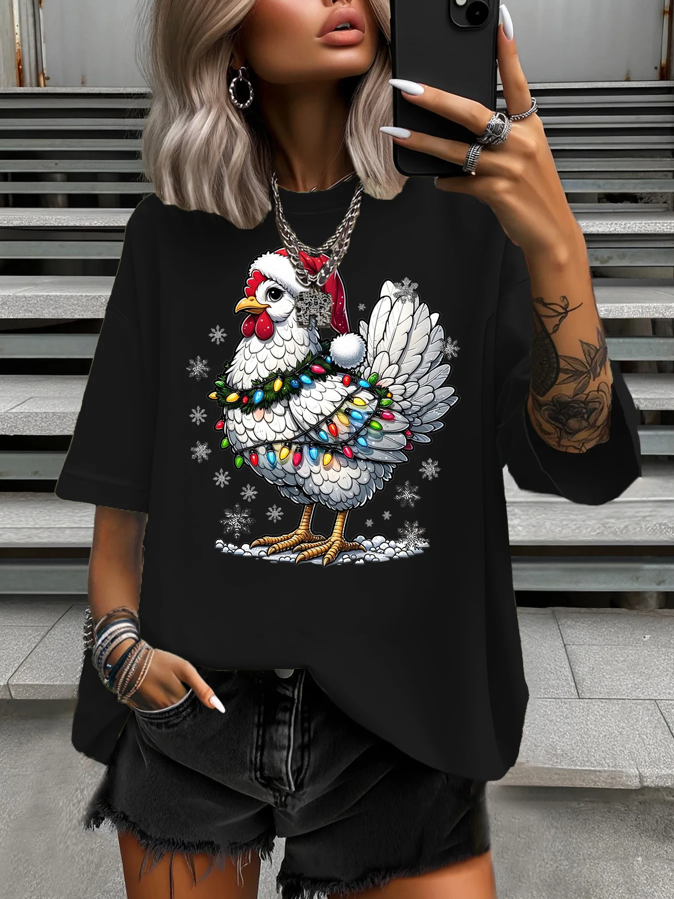 Zomer Dames Plus Size T-shirt Origineel Ontwerp Sneeuwvlok Kerstmuts Gedrukt Dames Casual Ronde Hals Korte Mouwen Tops
