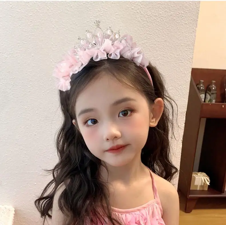 Headbands For Kids Girl Princess Hairbands Crystal Crown Mesh Bow Knot Flower Child Hair Accessories Korean Handmade Wholesale