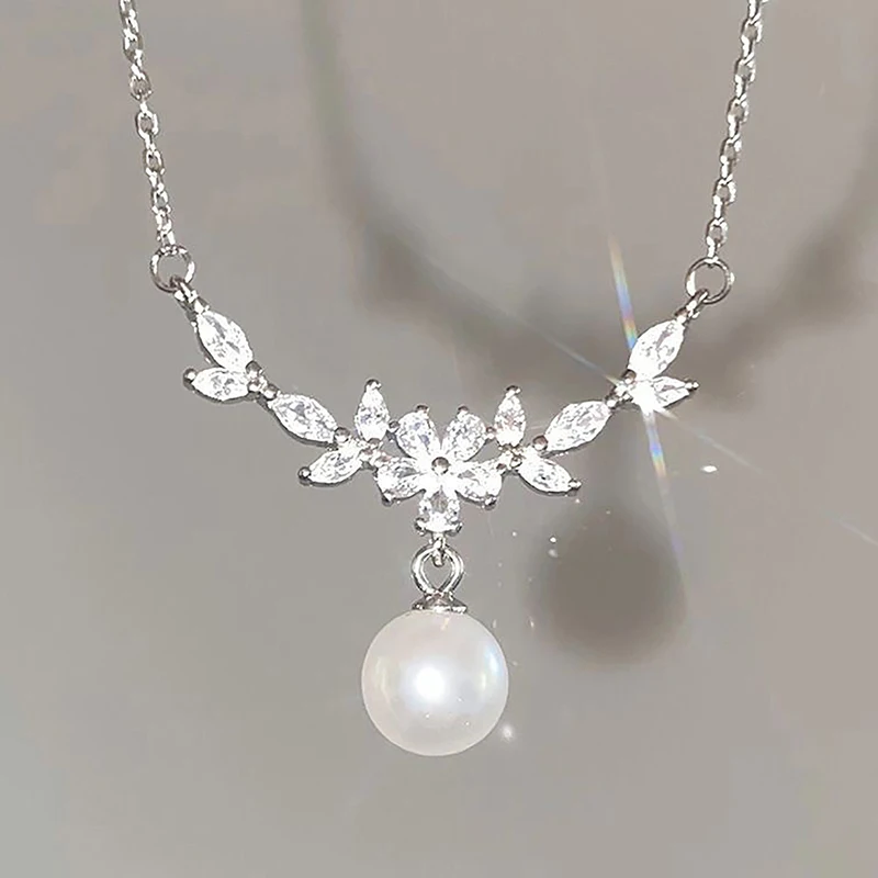 Fashion Exquisite Flower Pearl Pendant Necklace For Women Girls Light Luxury Zircon Clavicle Chain Wedding Jewelry Birthday Gift