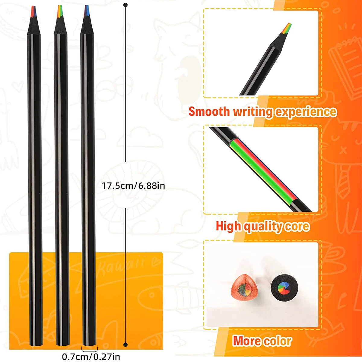 10 Pcs Colored Black Wood Pencils, 7 in 1 Rainbow Drawing Pencil. for Sketching, Doodling, Coloring, Painting,.