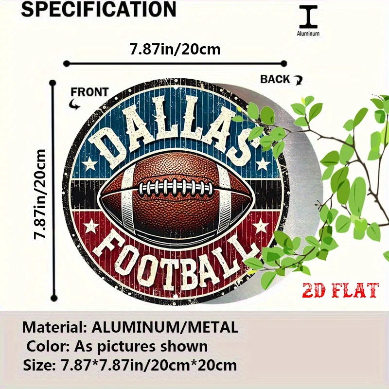 2D Flat, 1pc Dallas Football Round Aluminum Sign - Classic Style Metal Wall Art, Rustic Sports Design Decor for Home, Garage, Di