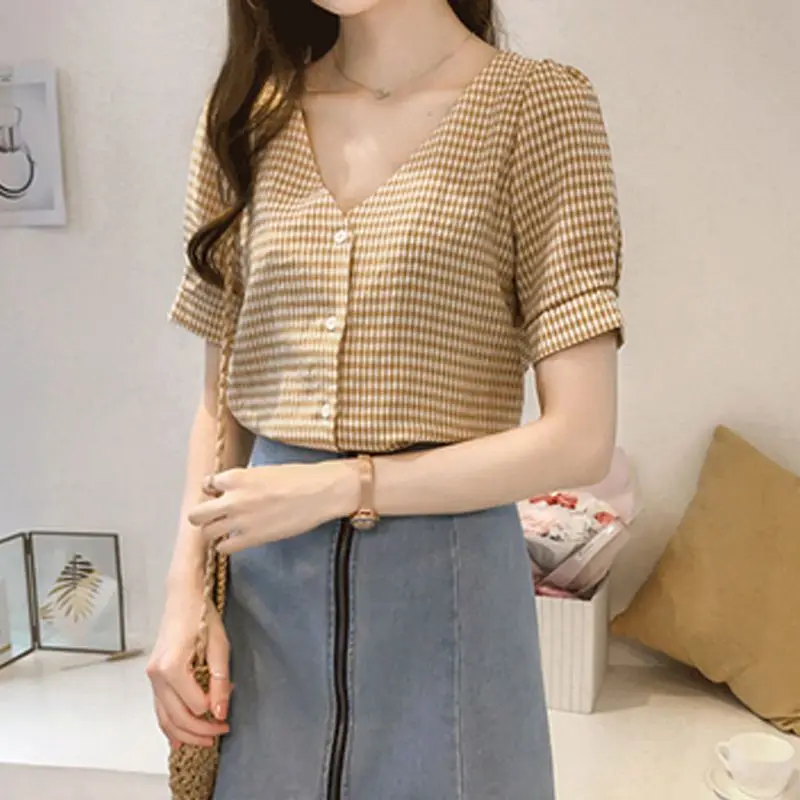 

Summer Casual Korean Fashion Office Lady Simplicity Elegant Trend Sexy Plaid Short Sleeve Dignified Intellectual Generous Sven
