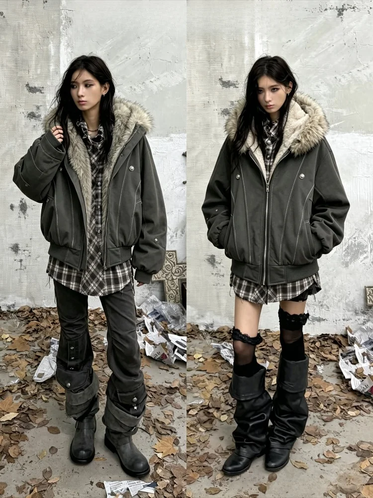 Damen Winter Kunstpelz Kapuzenparka Mantel Langarm Reißverschluss Warm Dick Winddicht Lässige Lose Oberbekleidung Alltags-Streetwear-Jacke Mode