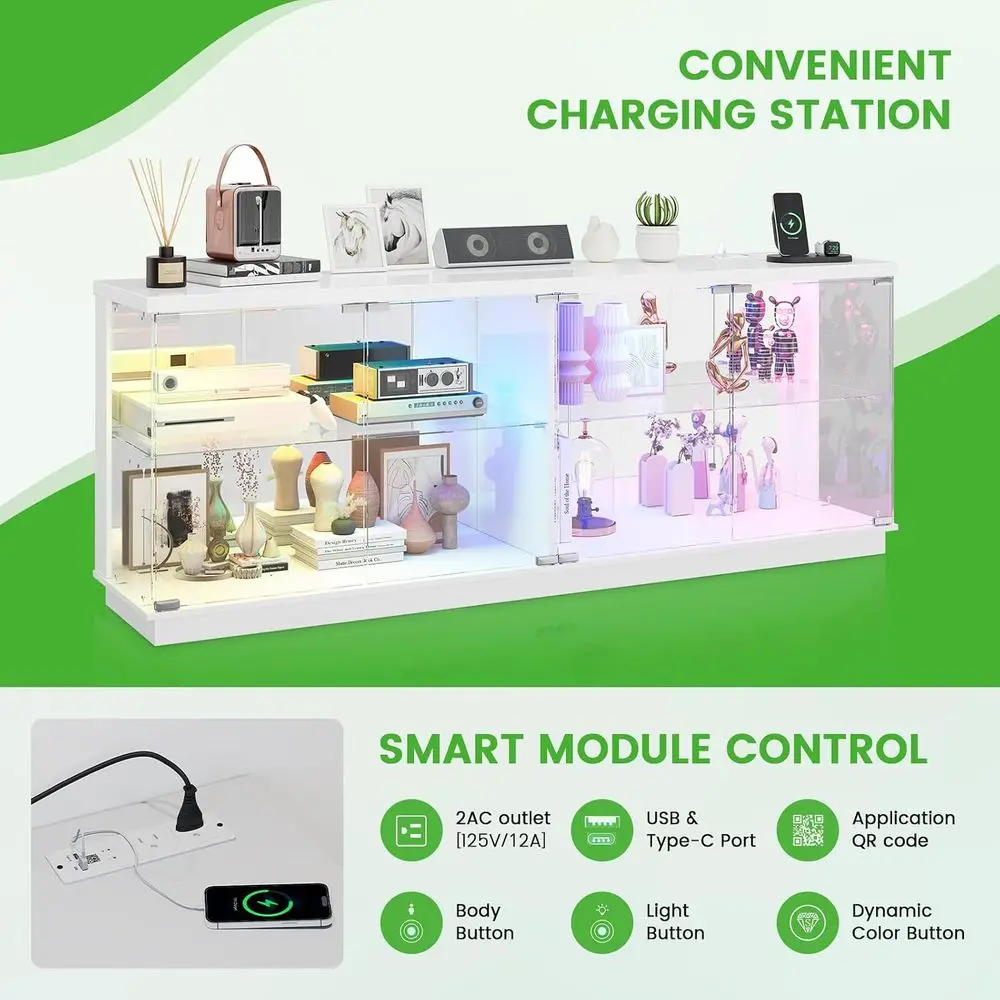 71-inch White TV Stand with Charging Station, LED Lights, AC Outlets, and USB-C Ports for Living Room Entertainment Center view 5