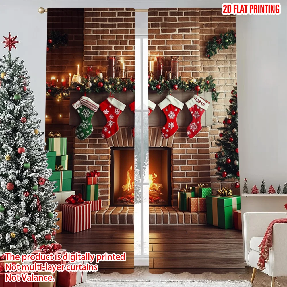 

2pcs 2D flat printing Christmas Window Drapes Vintage Christmas fireplace 100% Polyester Without Electricity Festive Holiday