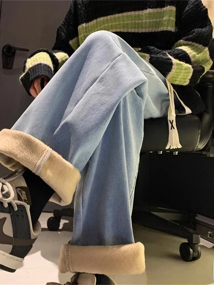 

Утепленные зимние джинсы Thiened Fce для мужчин, прямые повседневные брюки в американском ретро-стиле, с высокой талией, на молнии