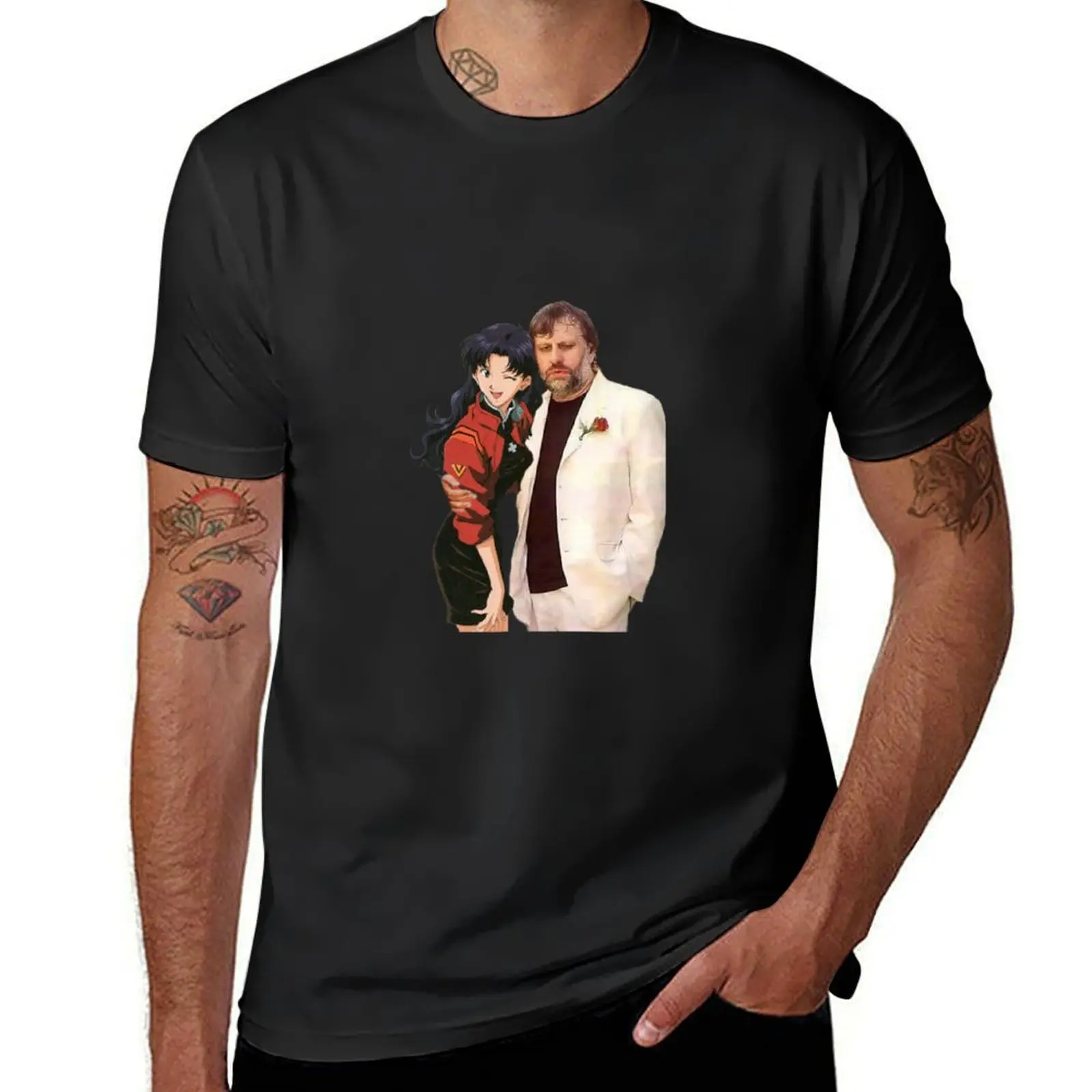 Slavoj Zizek with waifu T-Shirt customizeds korean fashion tops customs design your own Men's t-shirt