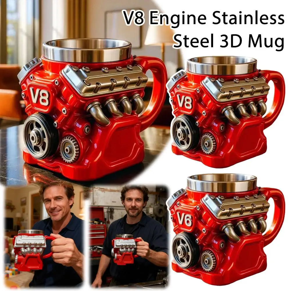 

V8 Engine Stainless Steel Mug | Retro Double Wall Insulated Cup with Handle, Personalized Car Coffee Gift for Christmas