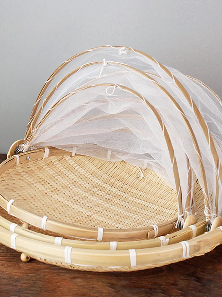 

Vegetable Drying Net Insect-Proof Bamboo Woven Basket Dustpan Food Drying Basket Dry GoodsSteamed Bread Basket with Net Bamboo