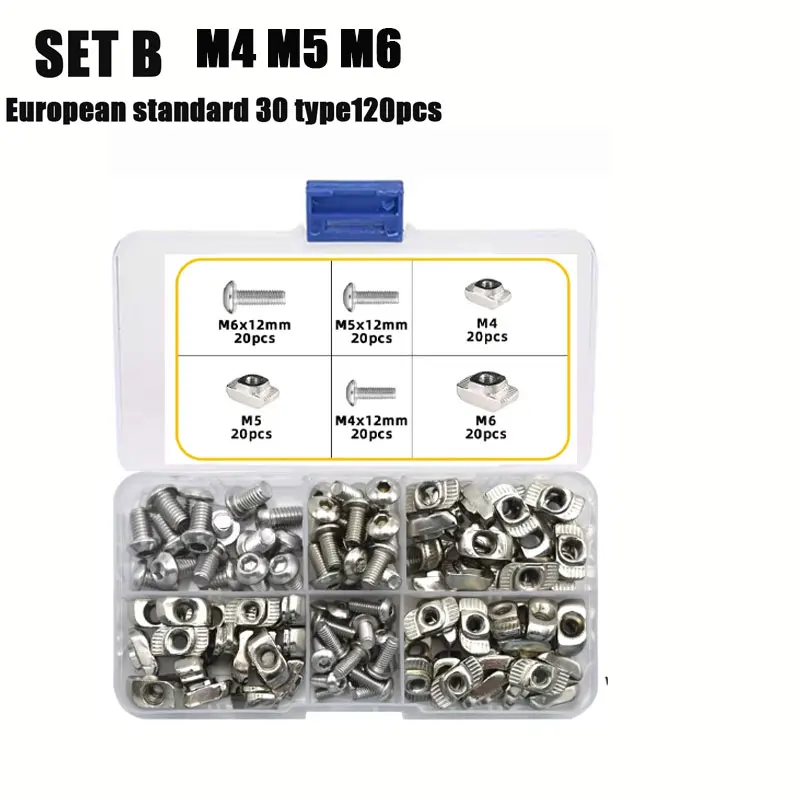 Aluminium profiel T-gleufmoer en zeskantbout set M3 M4 M5 M6 2020 3030 hamerkop T-moeren met schroeven assortiment kit voor serie