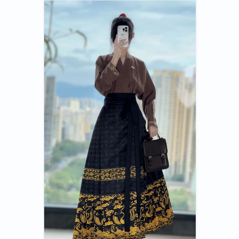 

Horse Face Skirt Hanfu Women Chinese Traditional Vintage Hanfu Pleats Skirt Red Blue Black Shirt+Skirt Sets Fashion Hanfu Suit