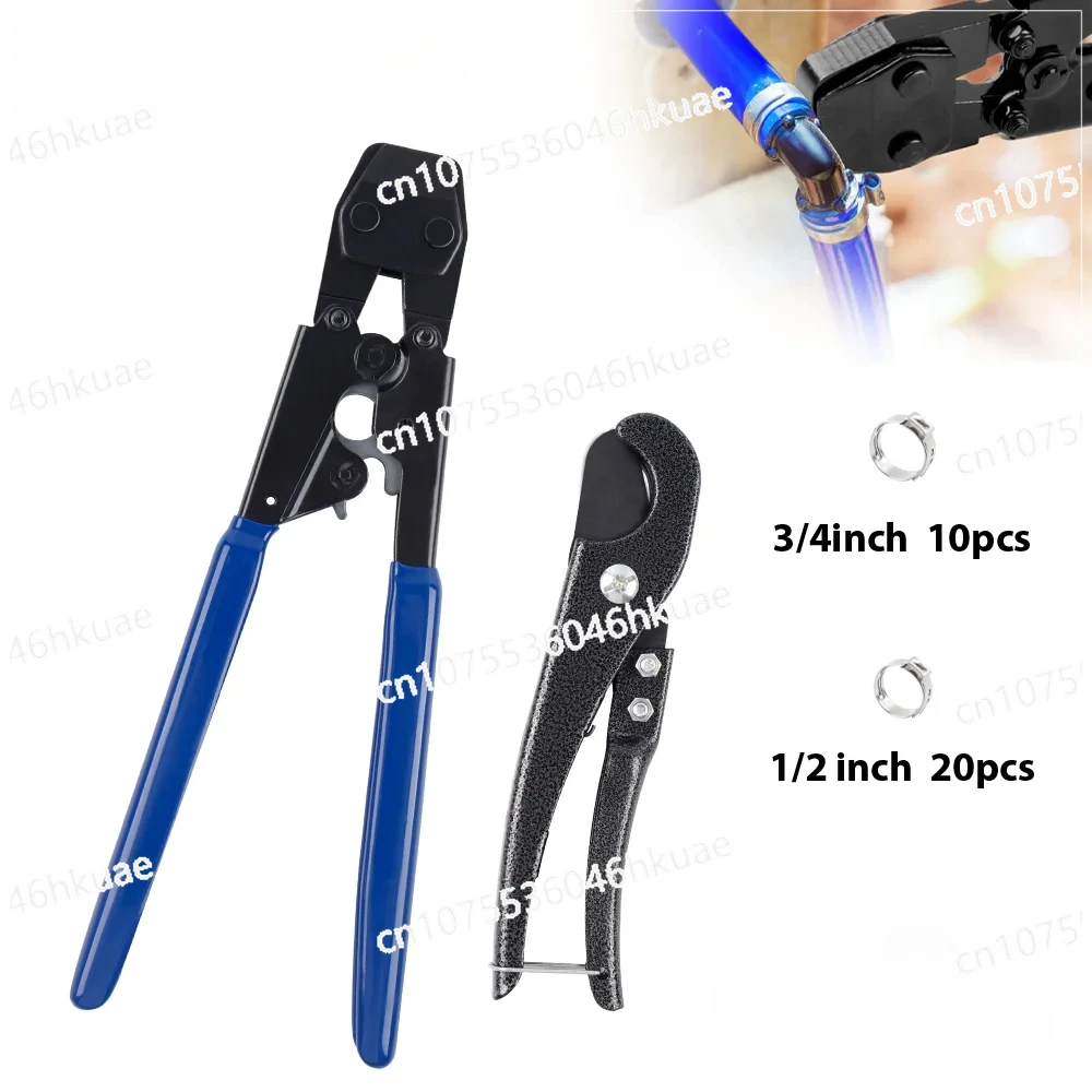 For 1/2 、3/4 Inch Stainless Steel Clamps, with Pipe Cutter & 40PCS PEX Pipe Clamps 2-In-1 PEX Cinch Crimping Tool Crimper