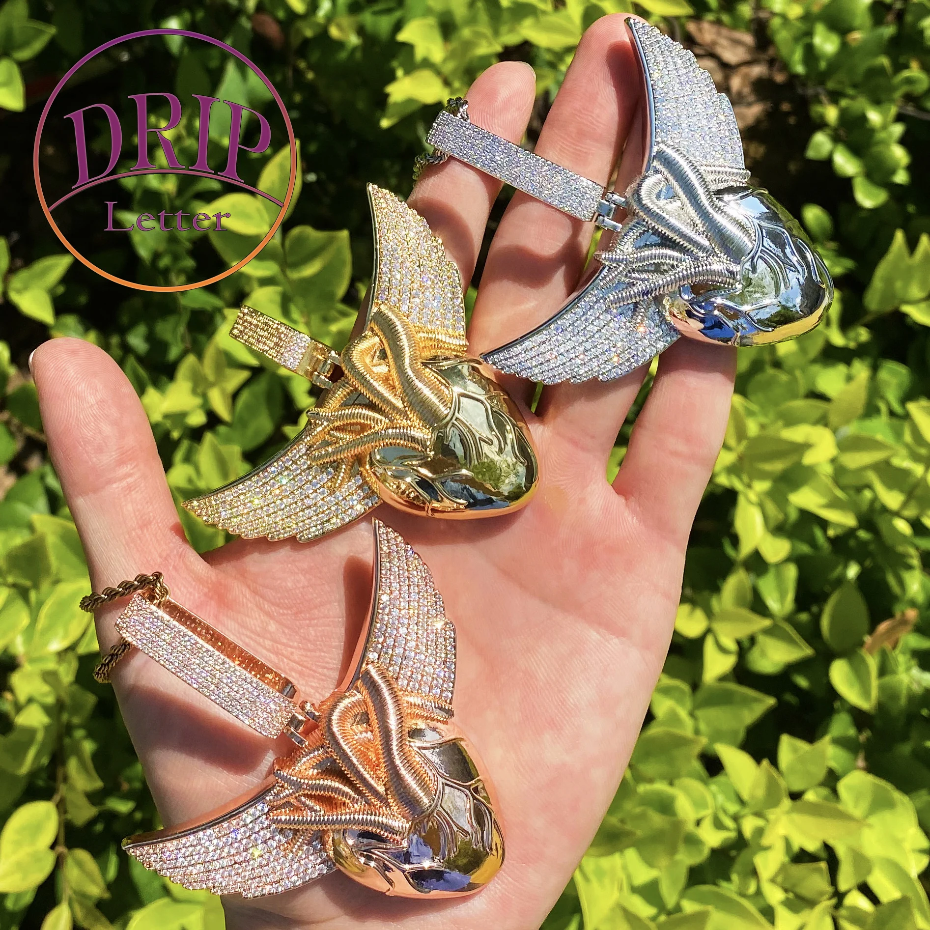 

Капельное письмо Iced Out Heart Wing для мужчин, ожерелье, кулон, настоящее позолоченное кубический цирконий, ювелирные изделия в стиле хип-хоп