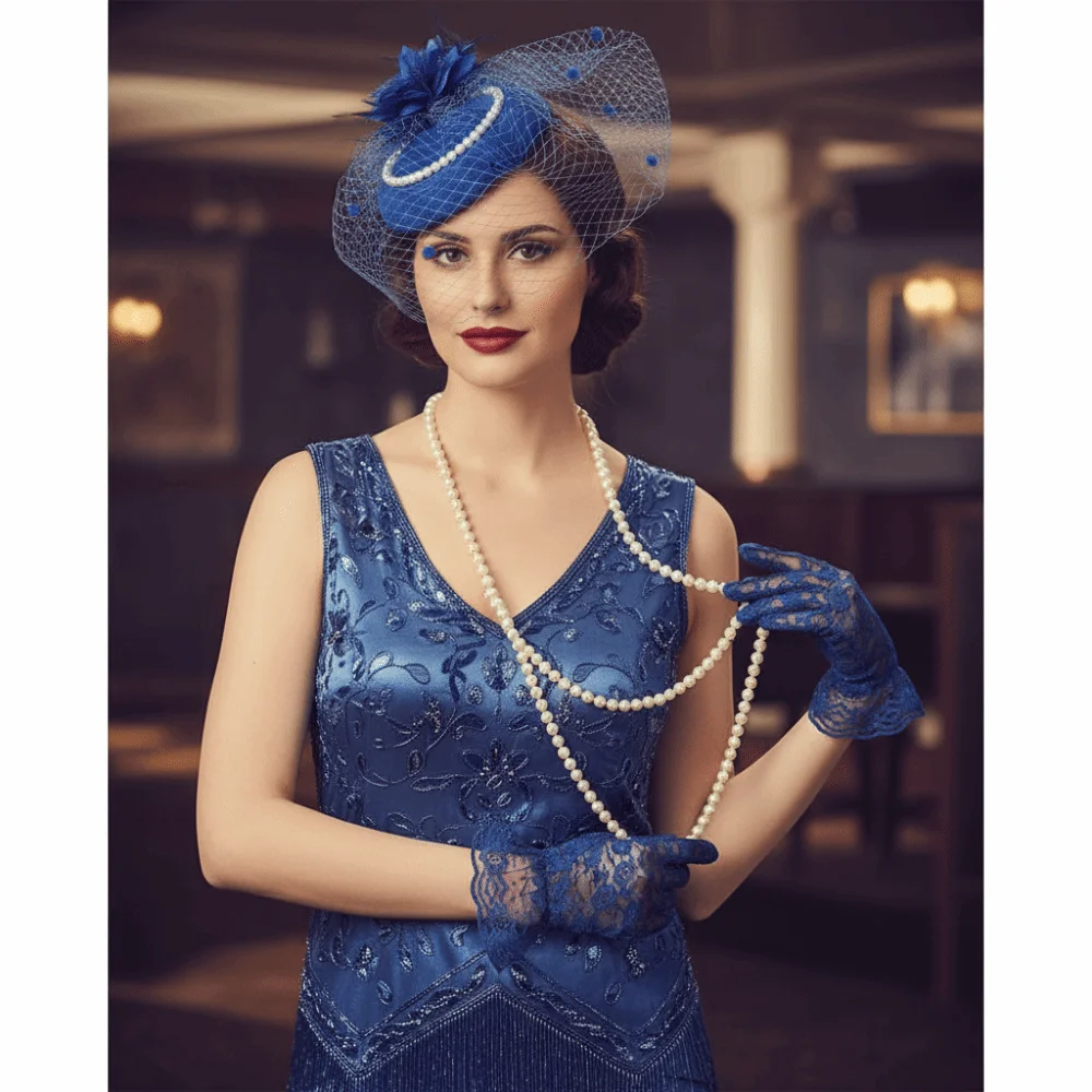 

Retro Exquisite Mesh Feather Headband Pearl Sweet Bride Headdress Hair Clip Top Hat Gloves Top Hat Necklace Set Photography